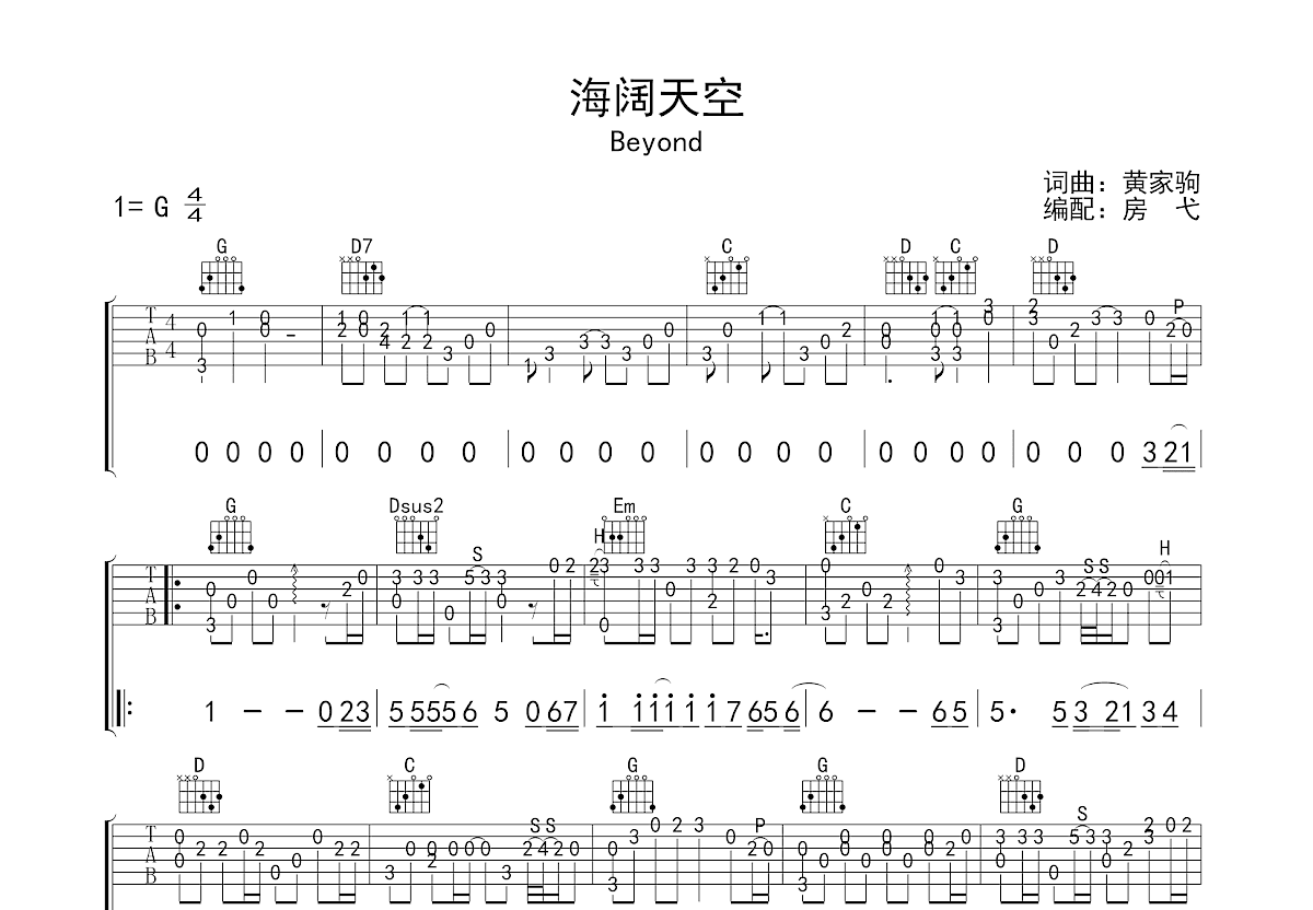 海阔天空吉他谱 BEYOND G调指弹谱 附音频-吉他谱中国