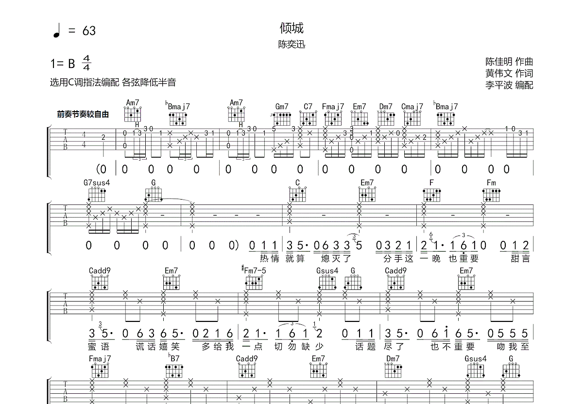 倾城吉他谱-陈奕迅/许美静-G调原版-附音频-酷乐谱