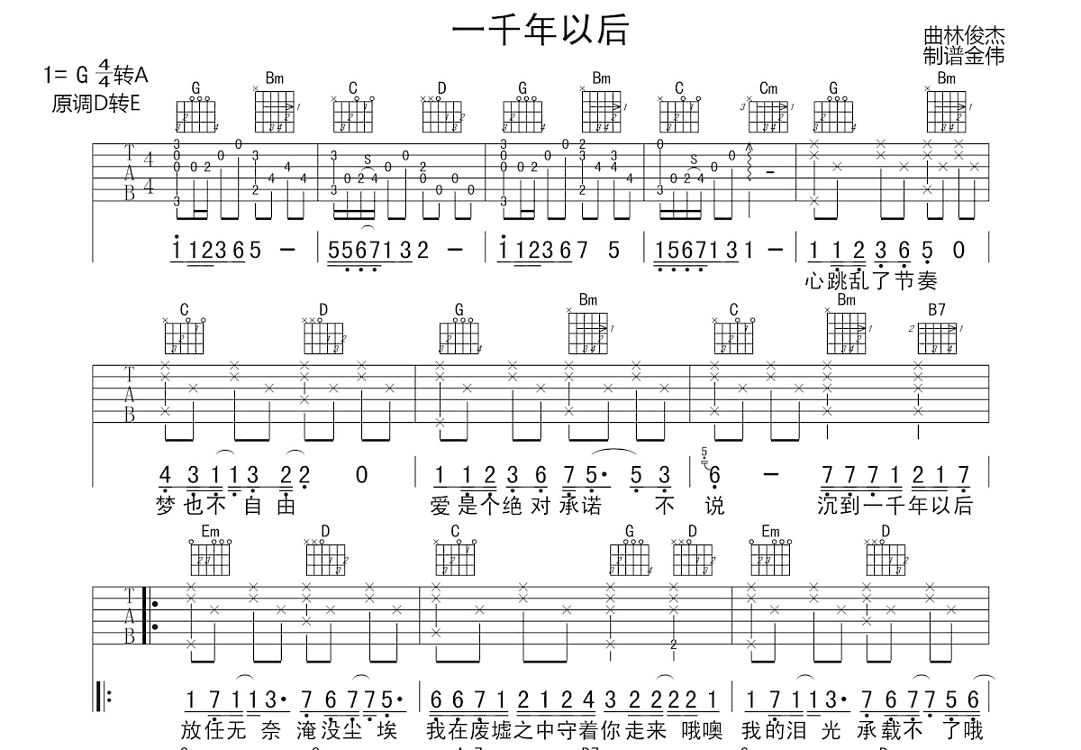 一千年以后吉他谱 林俊杰 入门D大调流行 弹唱谱-吉他谱中国