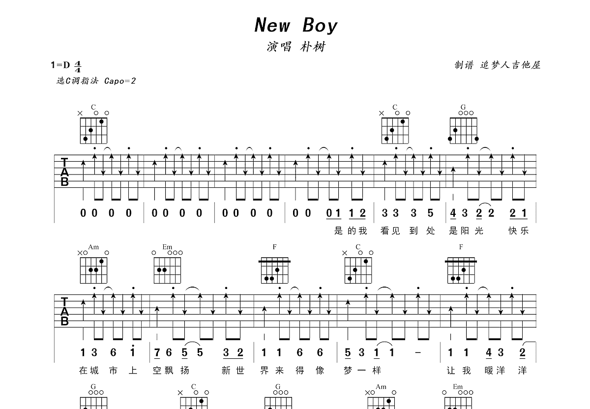 《New boy》朴树 吉他谱初级进阶（酷音小伟吉他教学）_吉他谱_搜谱网